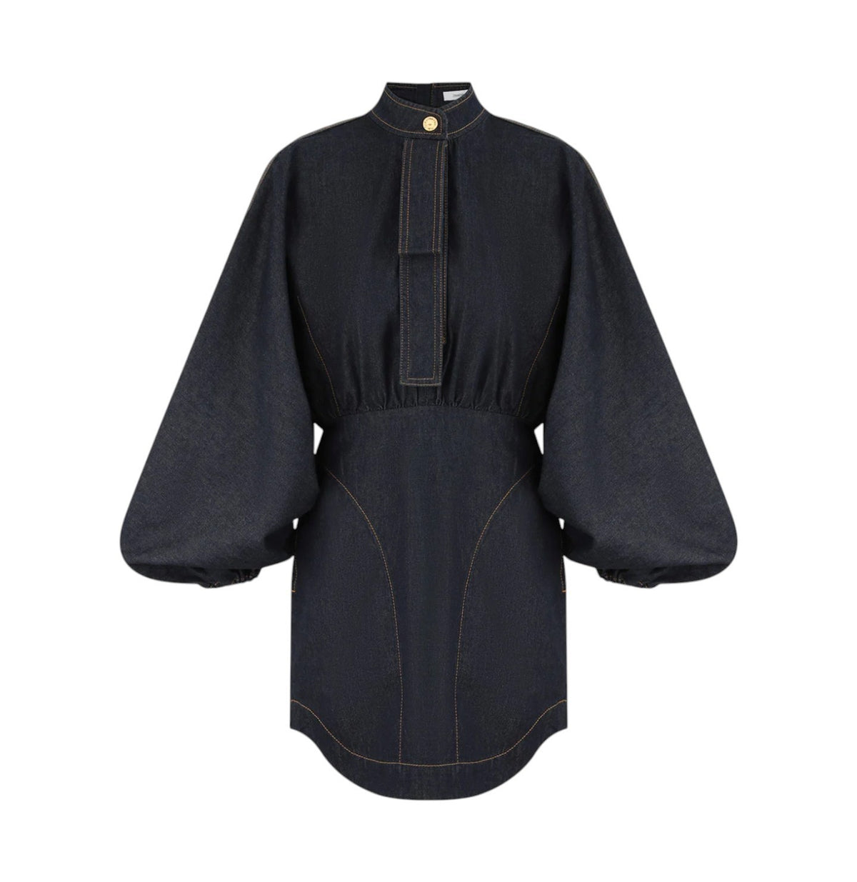 Zimmermann Denim Gathered Mini Dress| Dark Navy Blue, Puff Sleeves, Button Up