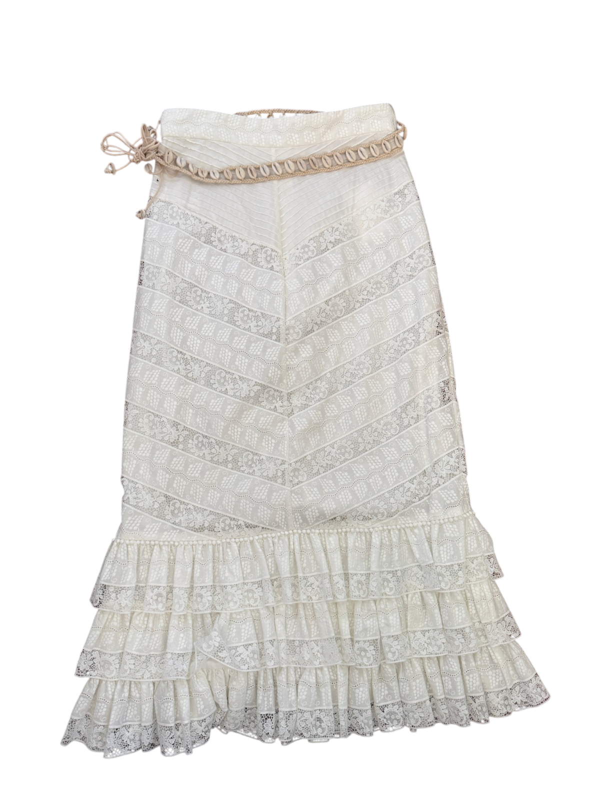Zimmermann Veneto Perennial Lace Midi Skirt | White, Tiers, Belt, High Waist