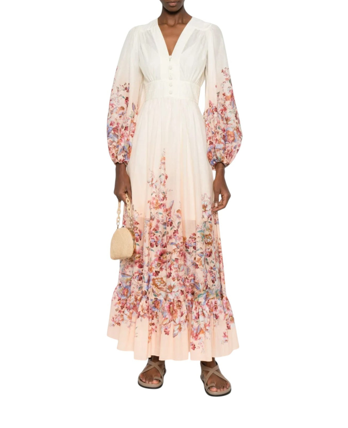 Zimmermann Awaken Plunge Maxi Dress | Ivory/White Floral, Puff Sleeves, Buttons