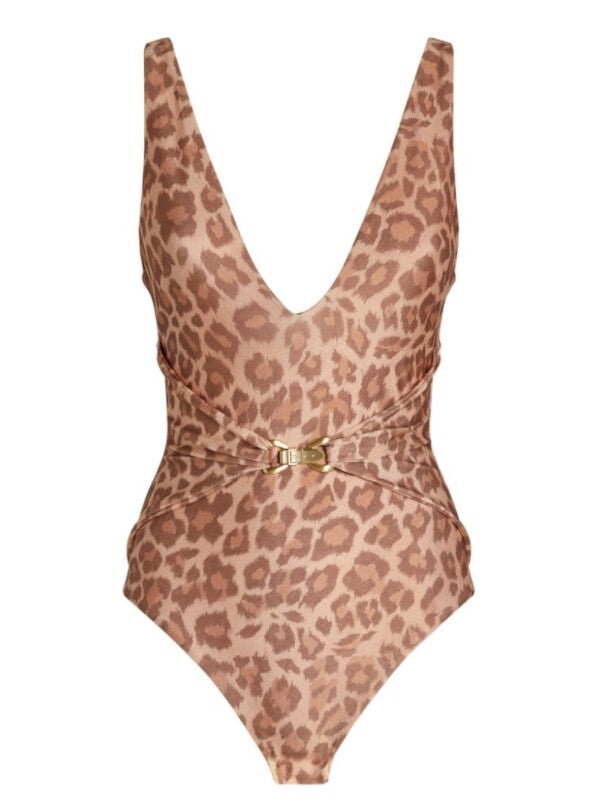 Zimmermann Kirra Buckle Front One Piece | Taupe Leopard Print / Gold $350 RRP