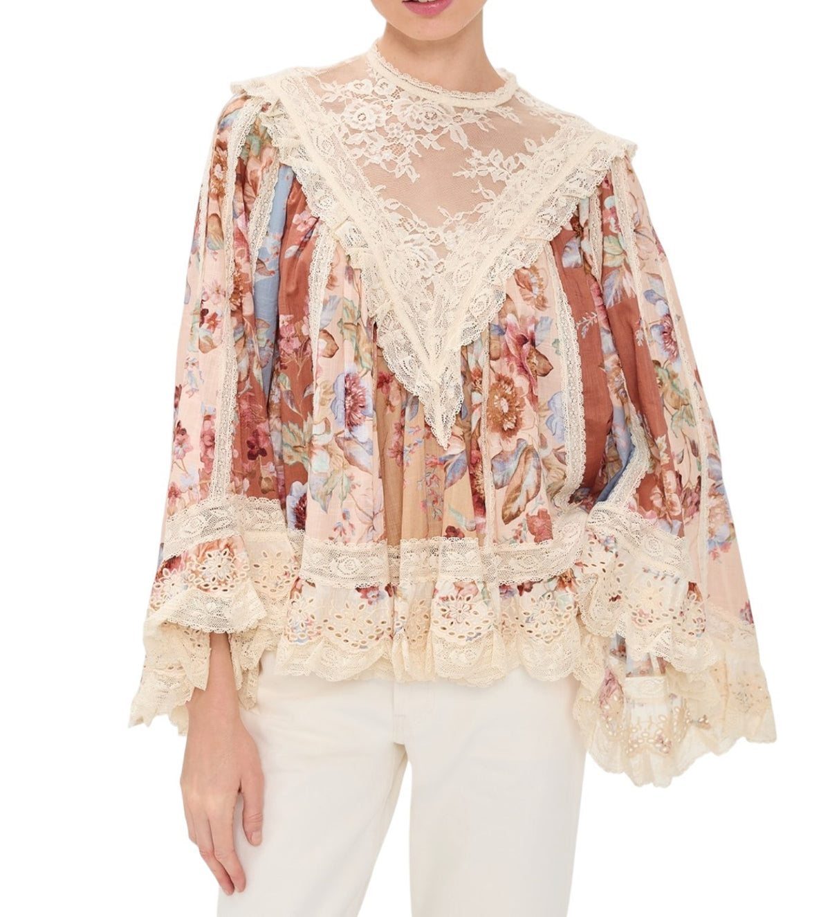 Zimmermann Awaken Lace Trim Blouse | Spliced Floral | Relaxed, Flutter Sleeve