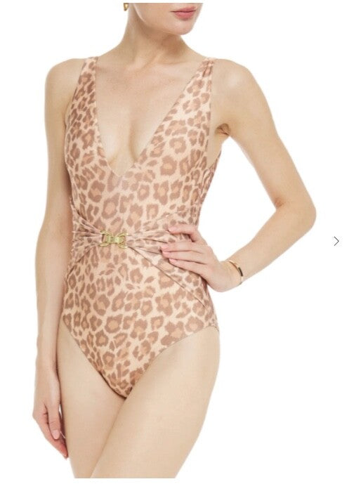 Zimmermann Kirra Buckle Front One Piece | Taupe Leopard Print / Gold $350 RRP