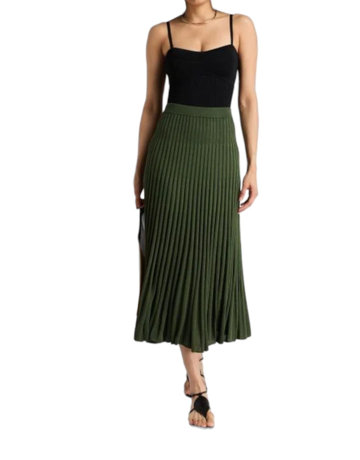 Zimmermann Pleated Rib Midi Skirt | Stretch, Knit, Dark Green, Elasticated Waist