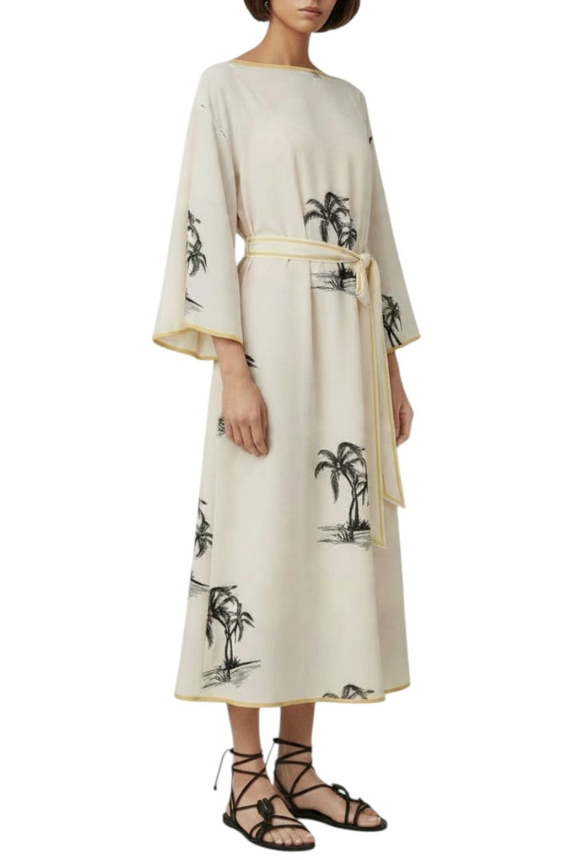 Zimmermann Tunic Midi Dress | Cream/Black Palm Print, Silk, Belt, Kimono, Slip