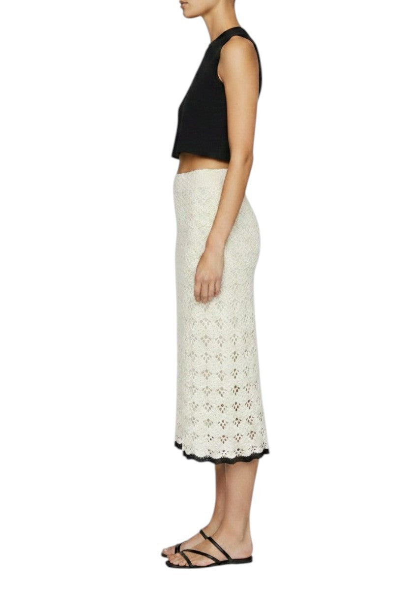 Zimmermann Rhiannon Crochet Midi Skirt |Cream/Black Trim, Stretch, Elastic Waist