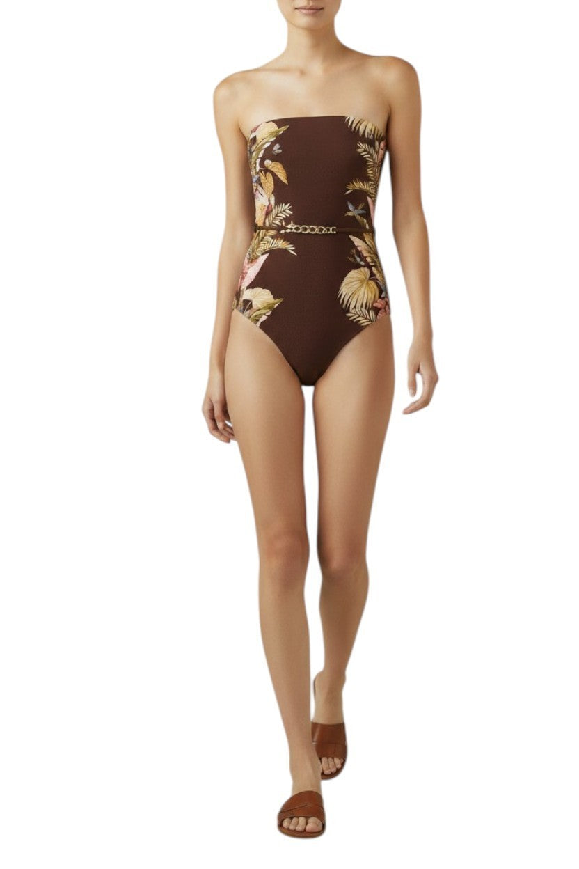Zimmermann Ascension Bandeau One Piece | Burgundy / Brown Floral, Full Coverage