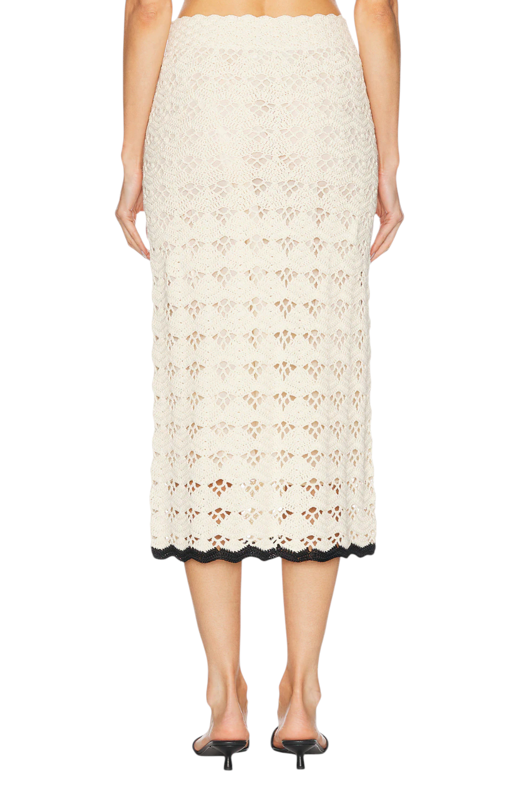 Zimmermann Rhiannon Crochet Midi Skirt |Cream/Black Trim, Stretch, Elastic Waist