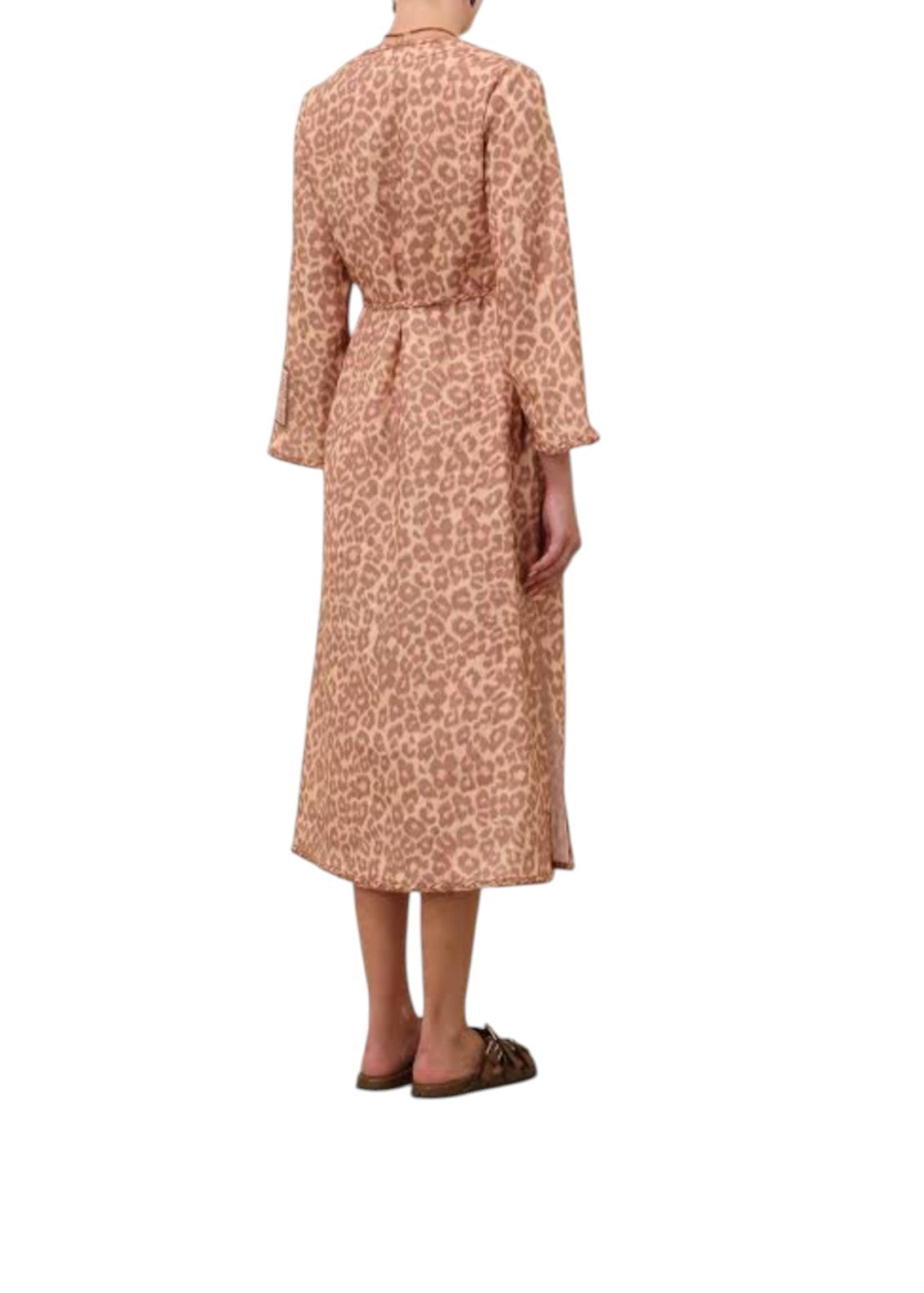 Zimmermann Awaken Braid Trim Midi Dress | Tan Leopard, Linen, Belt, Side Slits
