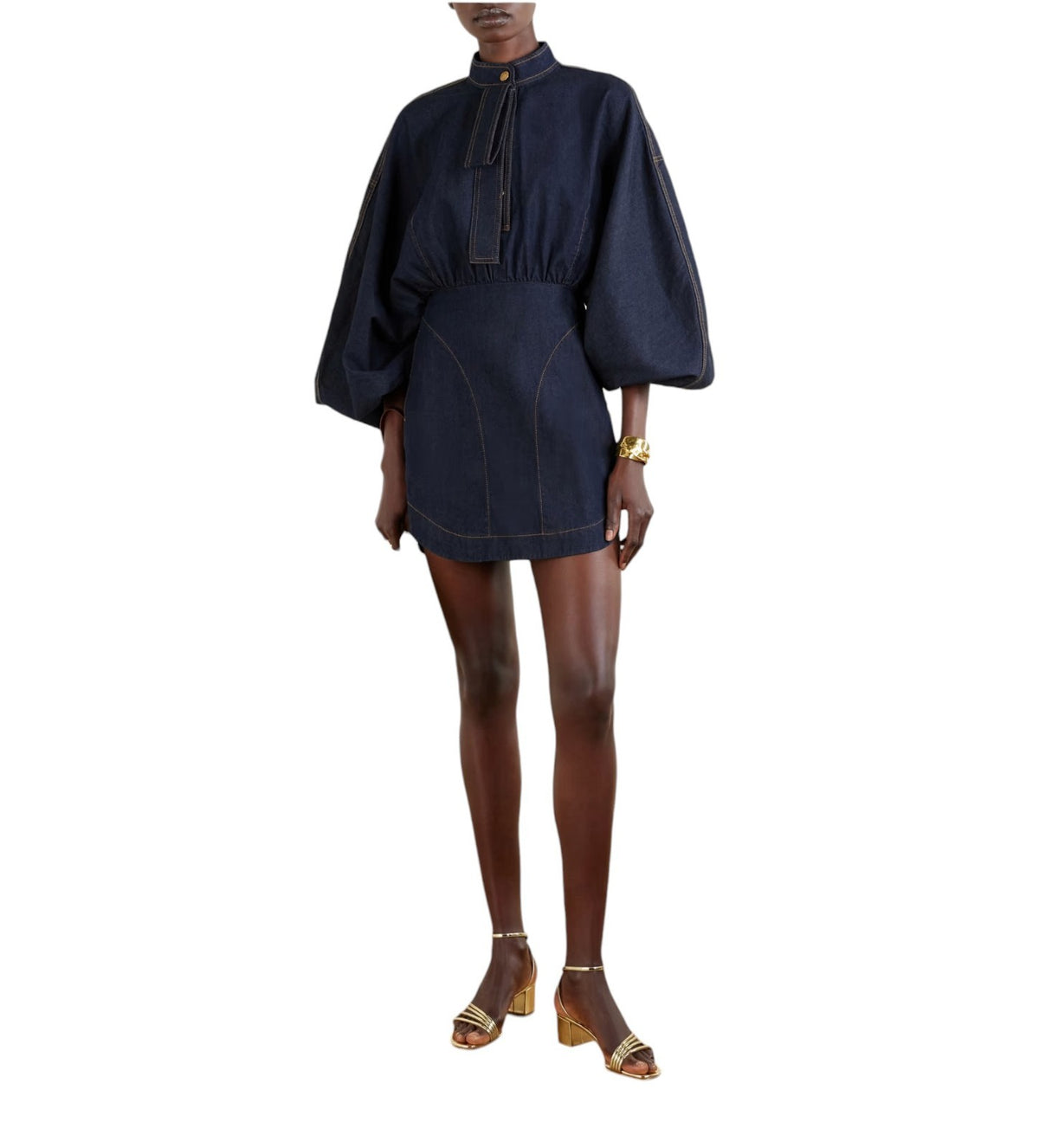 Zimmermann Denim Gathered Mini Dress| Dark Navy Blue, Puff Sleeves, Button Up