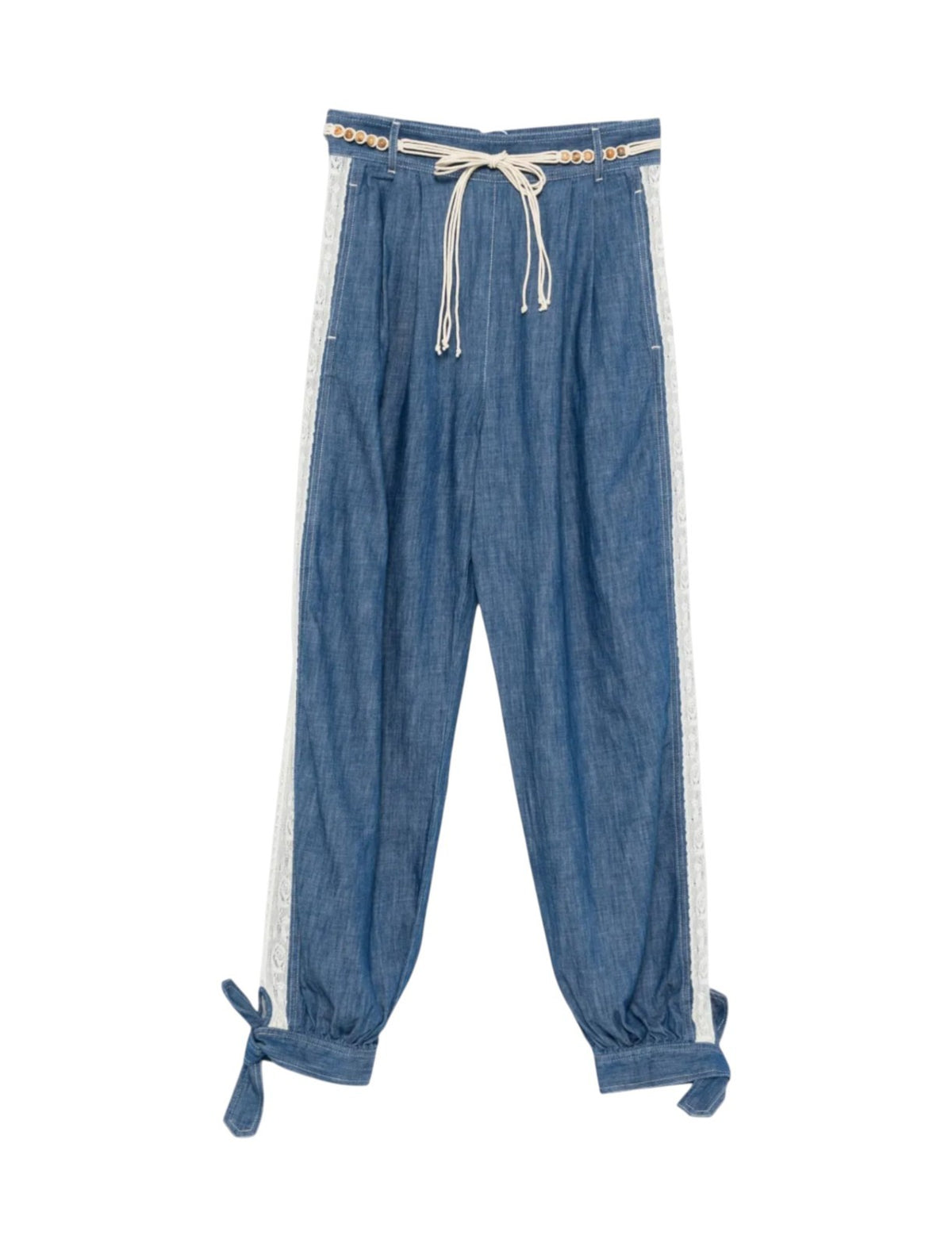 Zimmermann Awaken Denim Harem Pant | Lace Trim, Blue, Elastic Waist, Ankle Tie