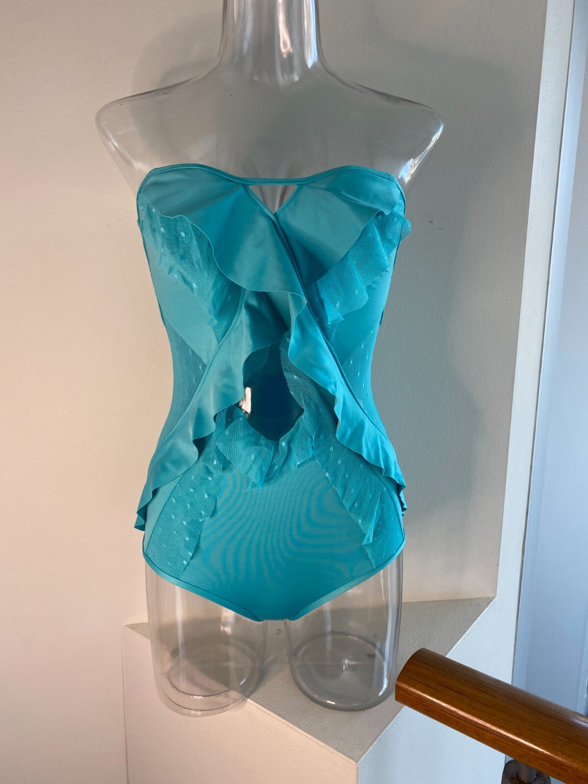 Zimmermann Peggy Cross Frill One Piece Swimsuit | Mesh, Turquoise Aqua  $500RP