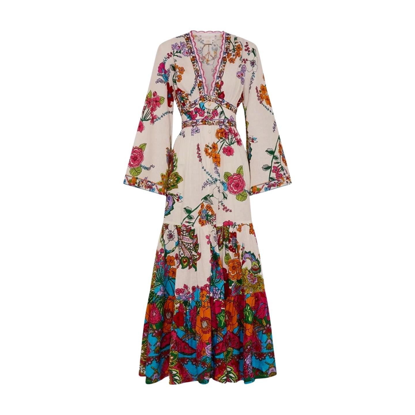 Camilla Dress w/ tiered skirt | Cosmic Prairie Floral, Maxi, White, Hand Made