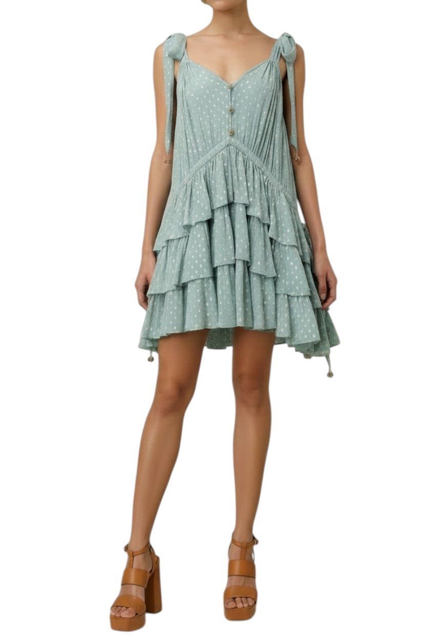 Zimmermann Rhiannon Metallic Frill Mini Dress| Mint,Relaxed, Tie Shoulder, Lurex