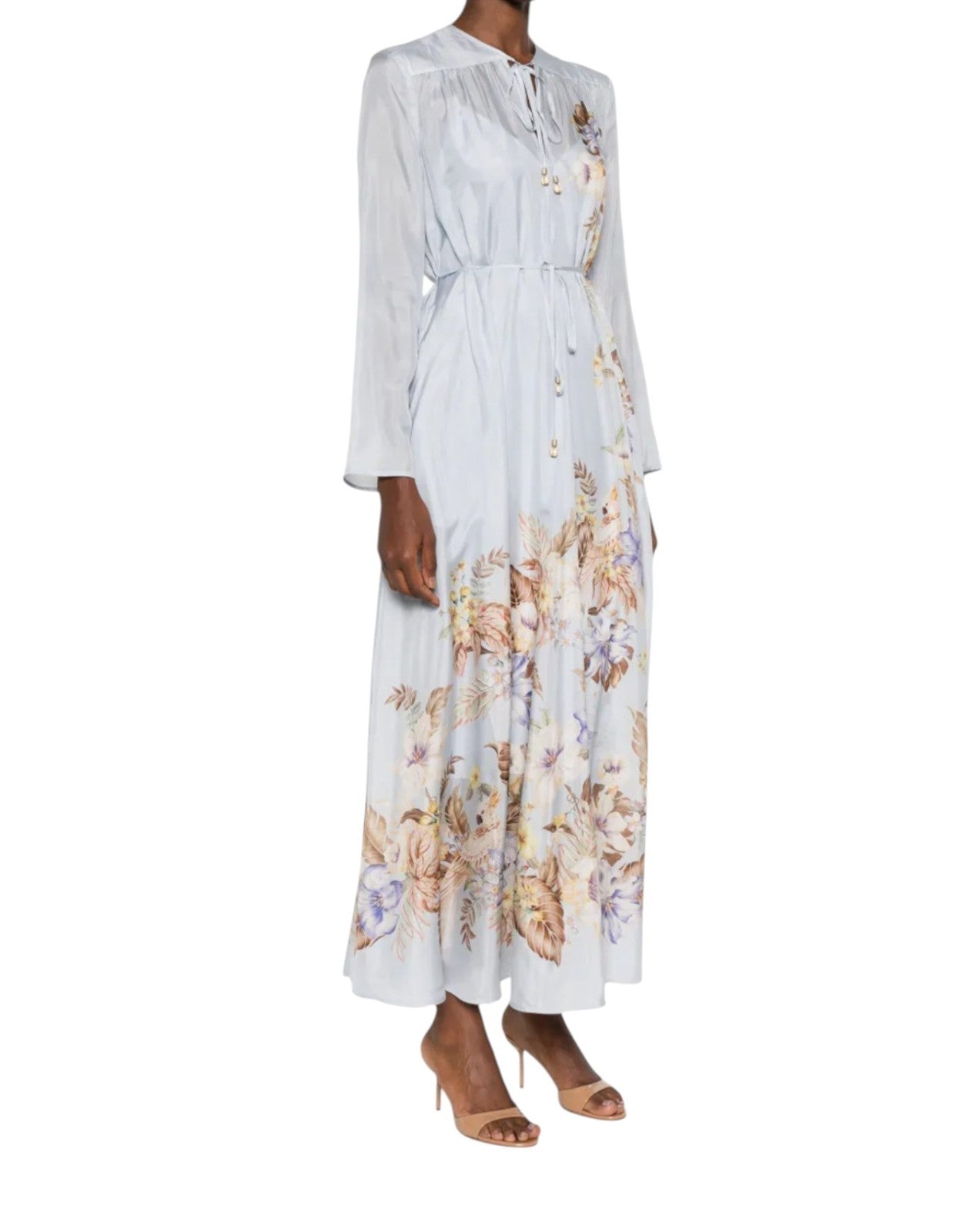 Zimmermann Coco Billow Maxi Dress | Baby Blue Floral, 100%b Silk, Long Sleeve