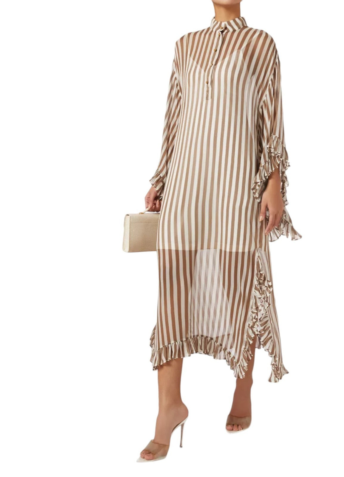 Zimmermann Balance Ruffle Tunic Dress | Khaki /White Stripe, Kaftan, Sheer