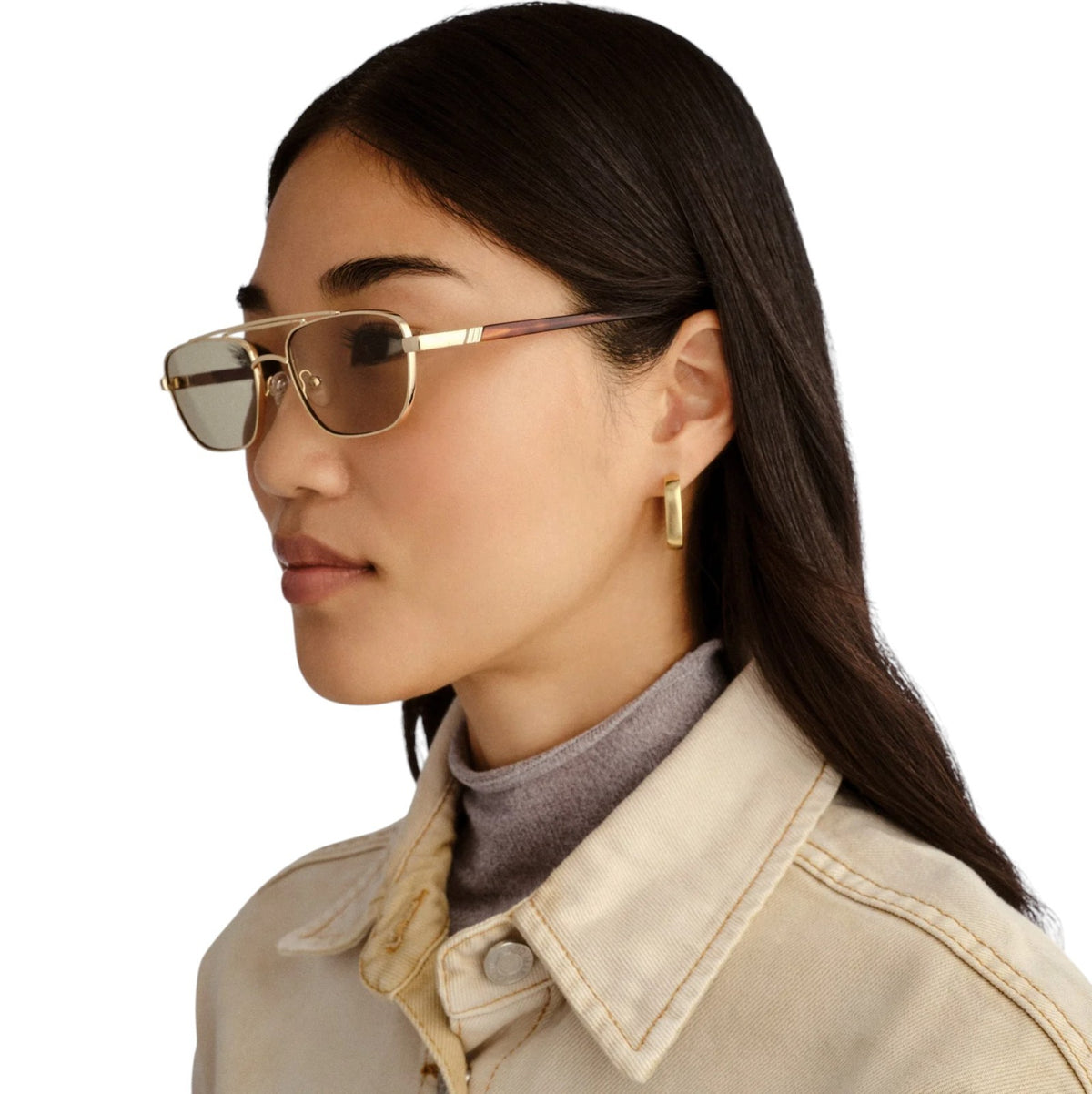 Le Specs Le Mimi Sunglasses | Gold Frame, Moss/Green Tint, Modern Aviator, Metal