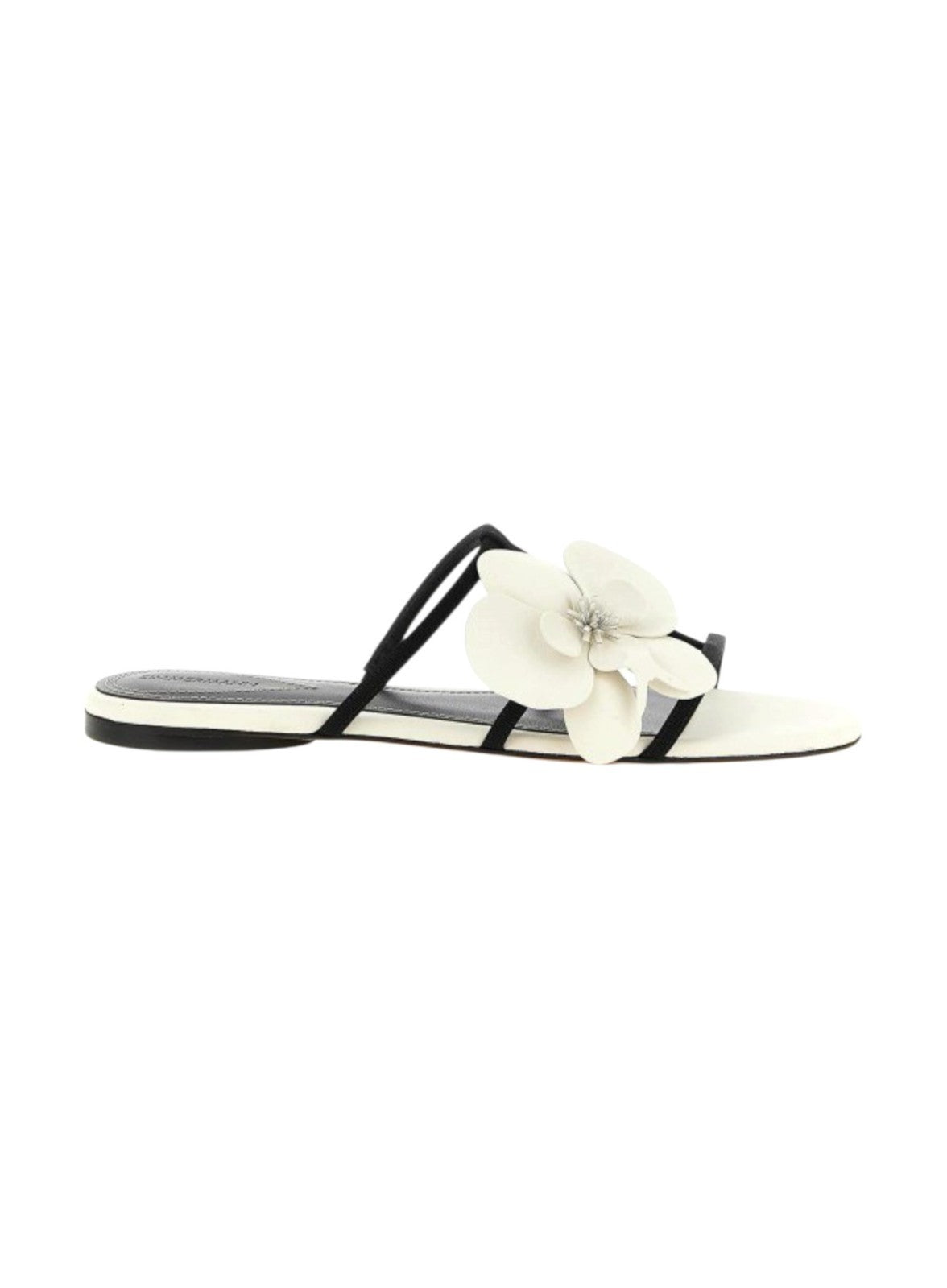 Zimmermann Orchid Slide Sandal | White/Black, Flats, Flower Applique, Leather