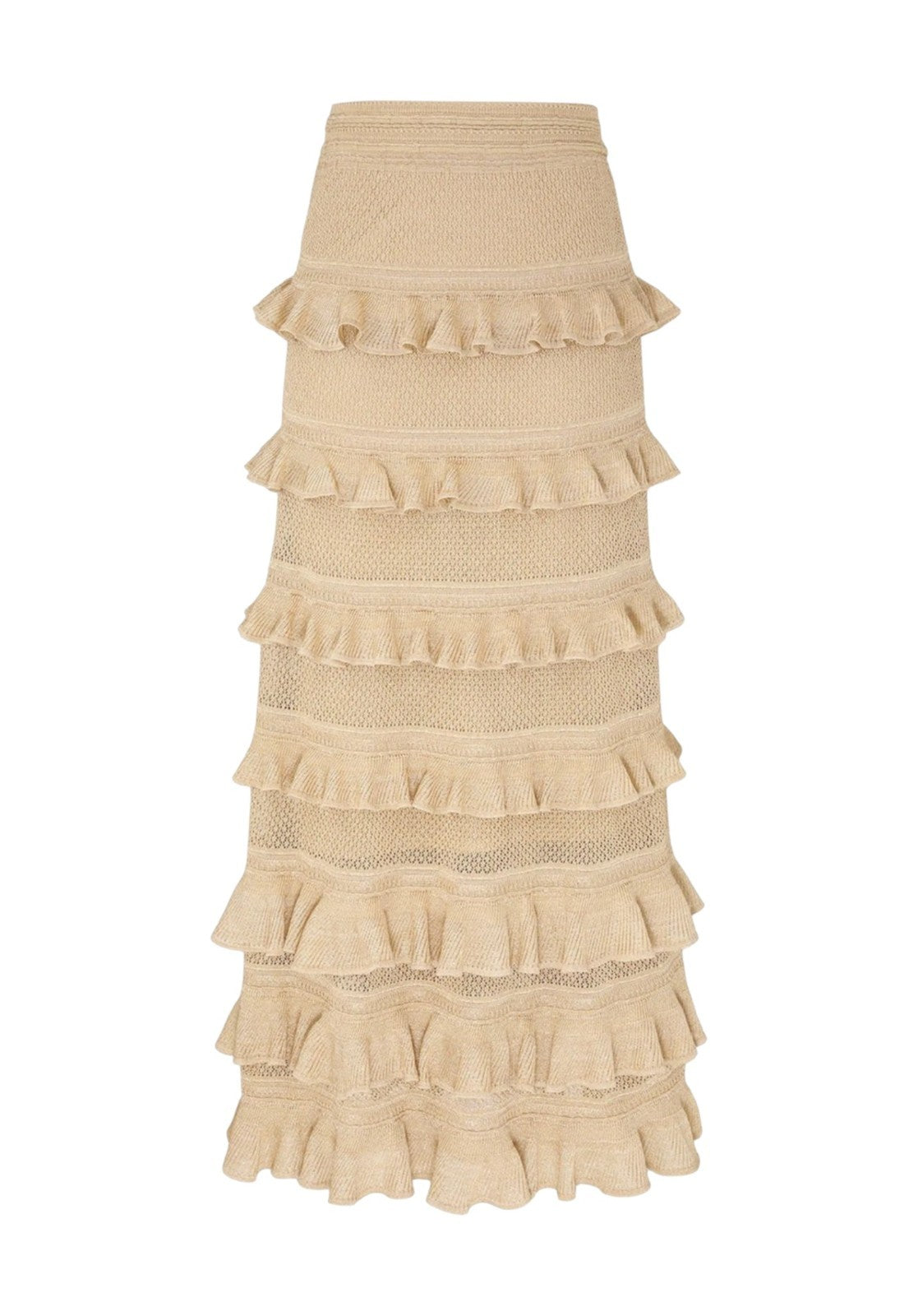 Zimmermann Hypnotic lace Midi Skirt | Midi, Metallic Gold, Tiered, Knit, Ruffle