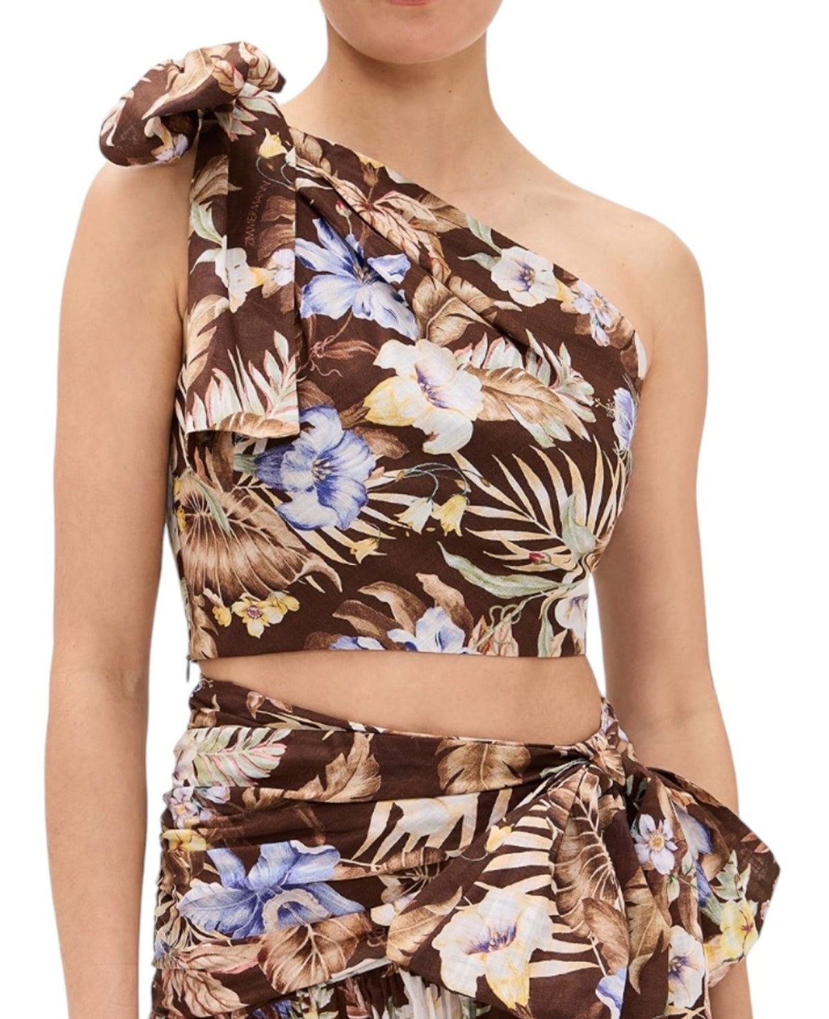 Zimmermann Coco Cropped Bodice Top | Brown Choc Floral, Linen, One Shoulder, Bow