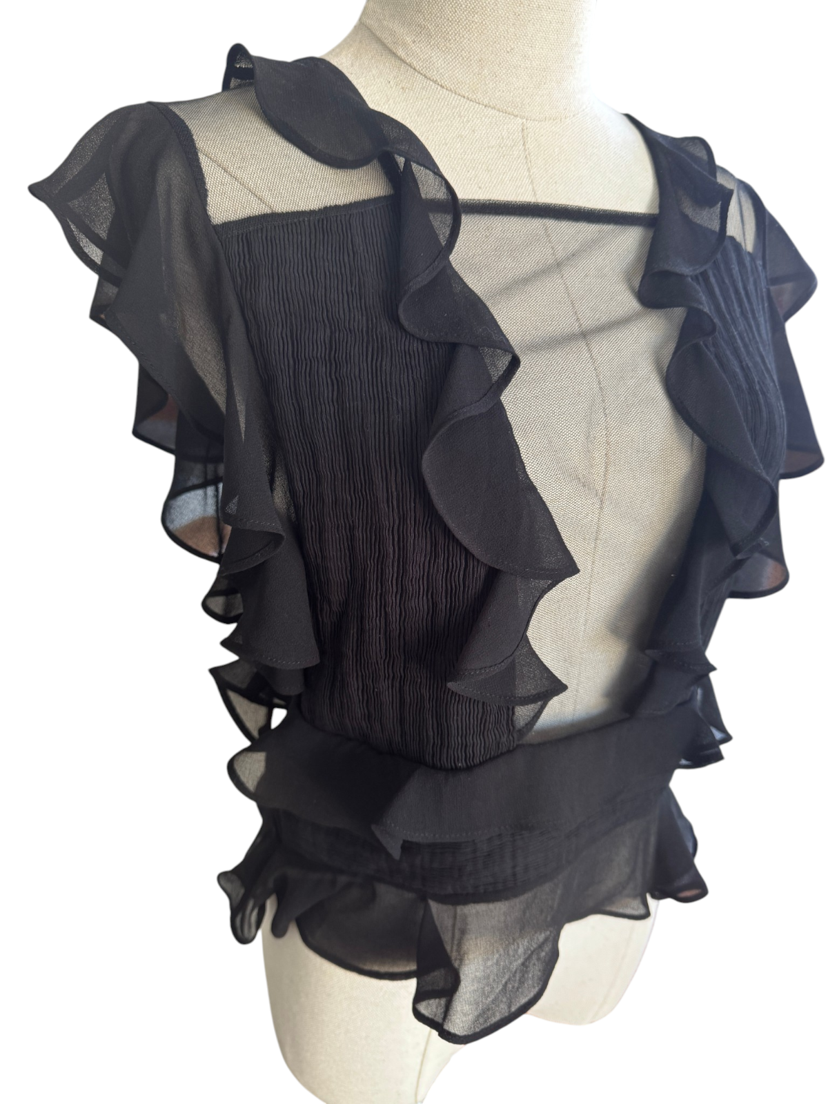 Shakuhachi Black Mesh Frill Top | Sz 10, Sheer Mesh Inserts, Stretch, Ruffles