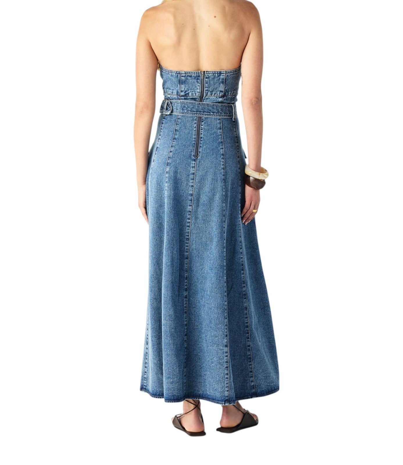 Mos The Label Aveline Denim Midi Dress | Strapless, Sz 8, Belt, Buttons