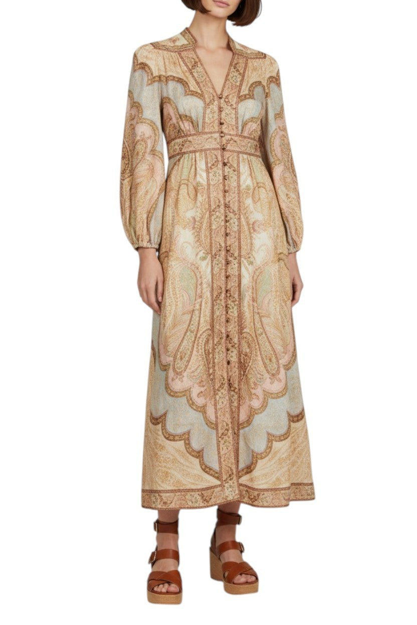Zimmermann Wanderlust Plunge Midi Dress | Tapestry Print, Puff Sleeves, V Neck