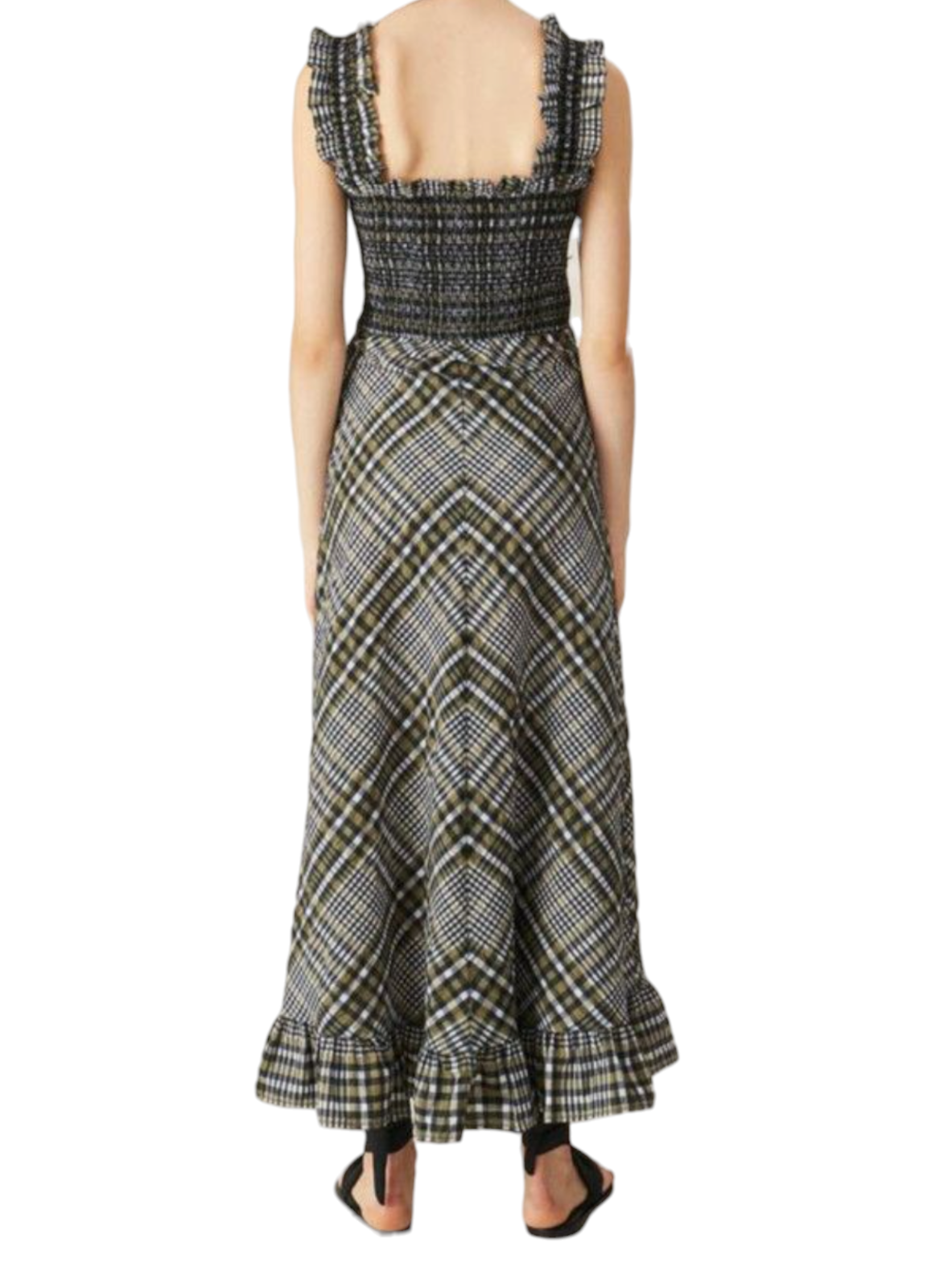 GANNI Seersucker Midi Dress | Sz 38, Gingham/Checkered, Wide Strap, Shirred