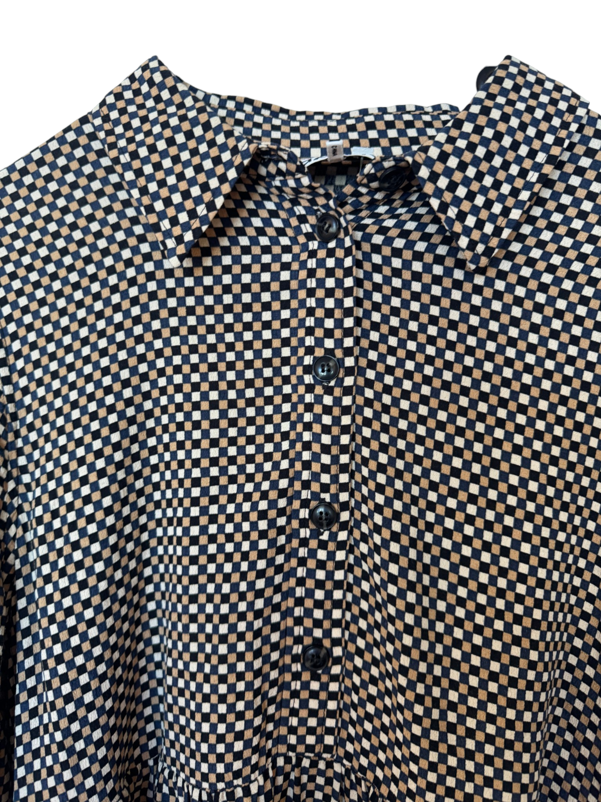 GANNI Relaxed Shift Mini Dress | Checkered, Collar, Button Placket, Cuffs, Flare