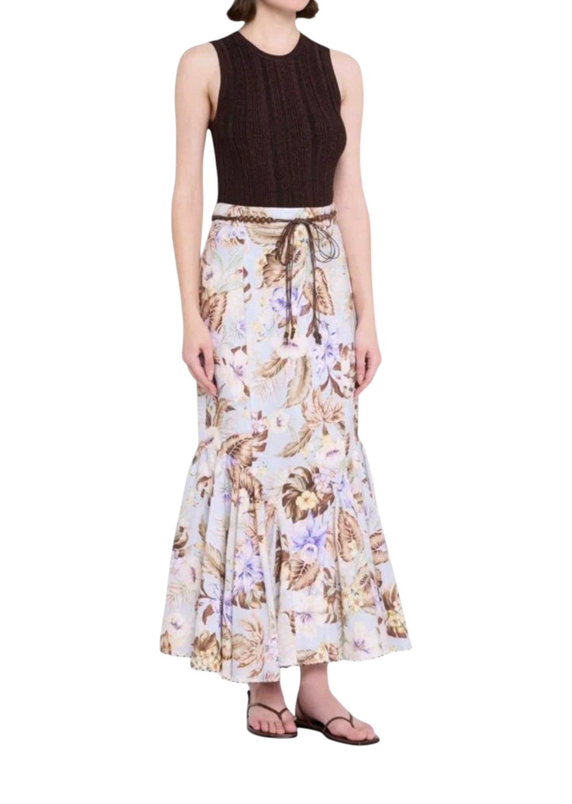 Zimmermann Coco Fit + Flare Midi Skirt | Powder Blue/Brown Floral, Belt, Linen