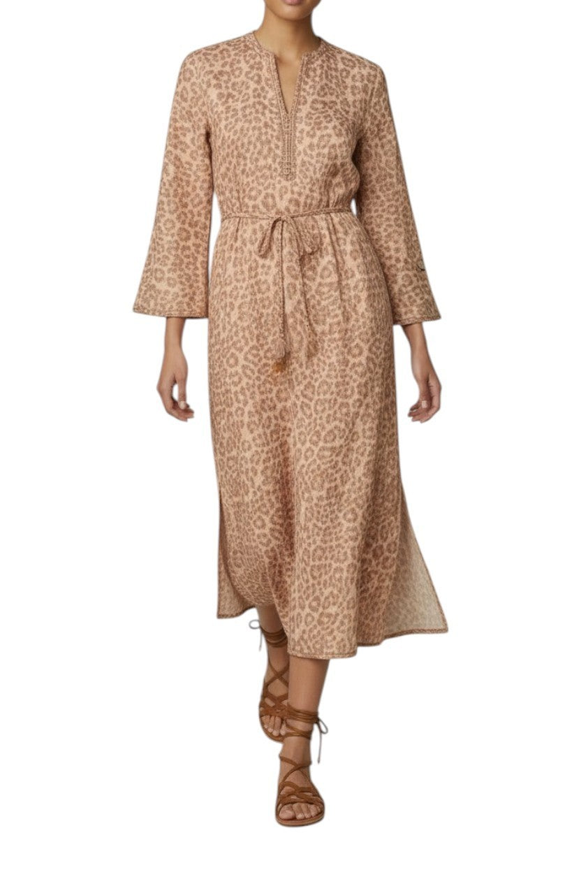Zimmermann Awaken Braid Trim Midi Dress | Tan Leopard, Linen, Belt, Side Slits