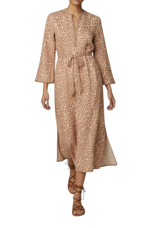 Zimmermann Awaken Braid Trim Midi Dress | Tan Leopard, Linen, Belt, Side Slits