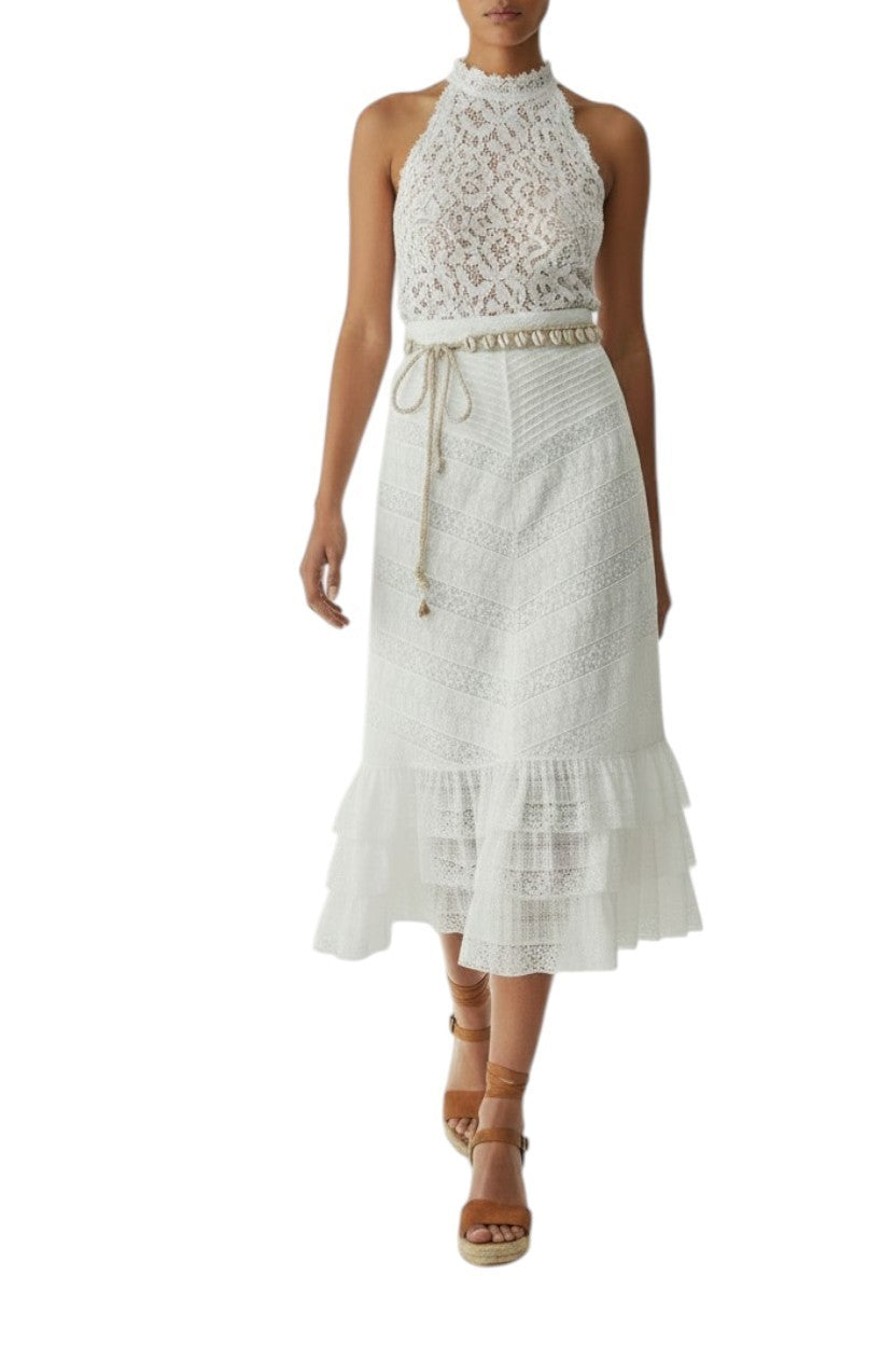 Zimmermann Veneto Perennial Lace Midi Skirt | White, Tiers, Belt, High Waist