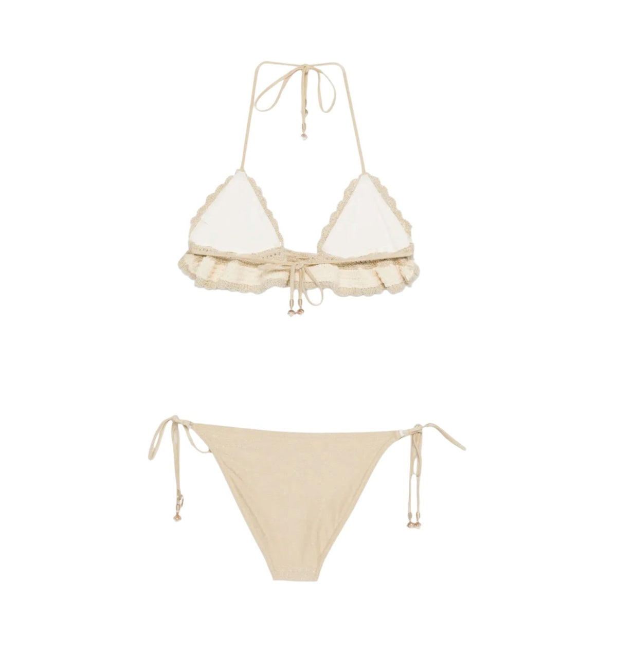 Zimmermann Wanderlust Crochet Tri Bikini |Hand-made, Metallic Gold/Cream, Ruffle