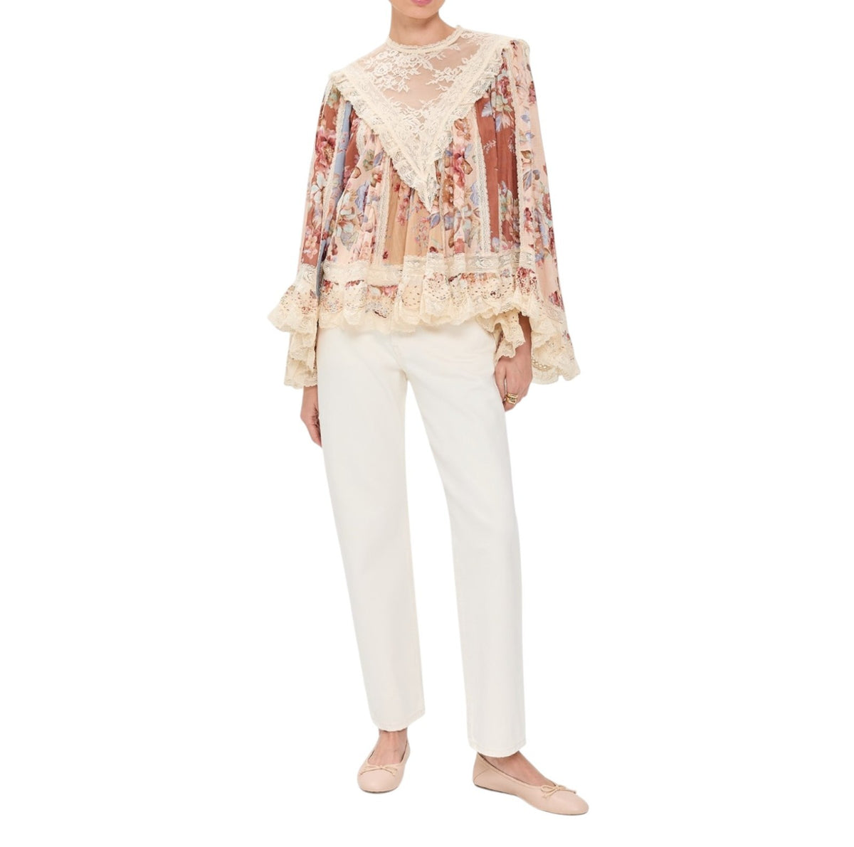 Zimmermann Awaken Lace Trim Blouse | Spliced Floral | Relaxed, Flutter Sleeve