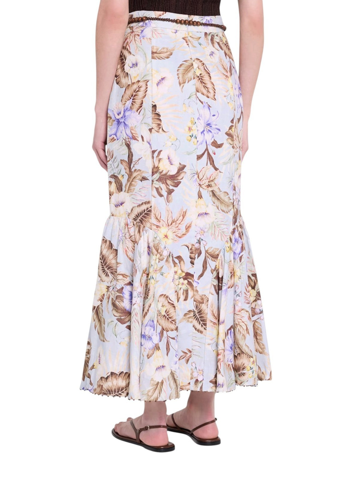 Zimmermann Coco Fit + Flare Midi Skirt | Powder Blue/Brown Floral, Belt, Linen