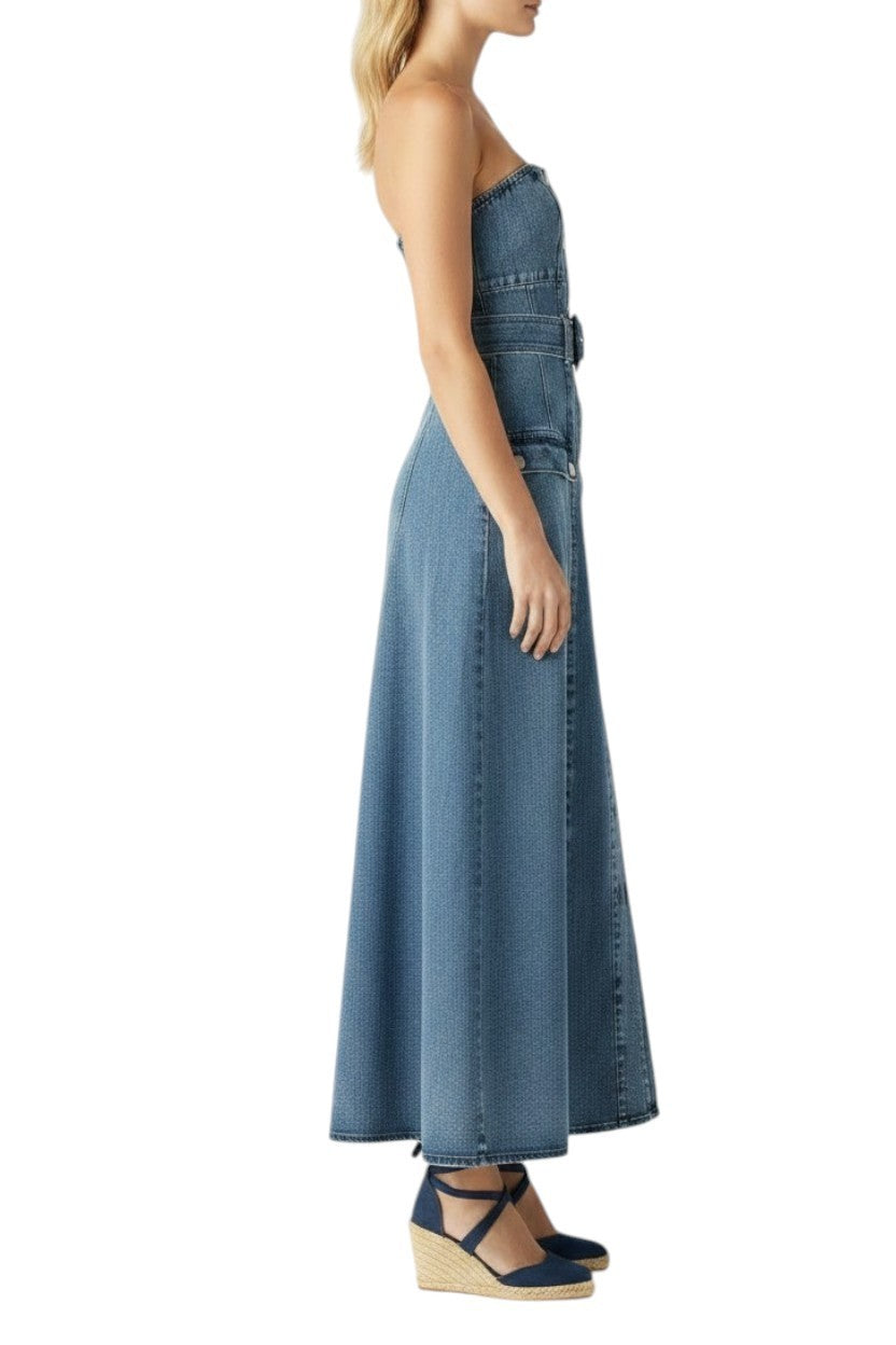 Mos The Label Aveline Denim Midi Dress | Strapless, Sz 8, Belt, Buttons