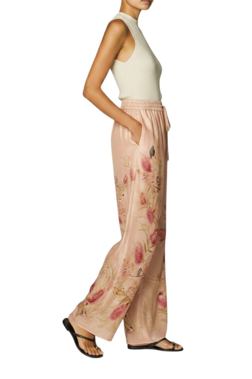 Zimmermann Cascadian Relaxed Wide Leg Pants | Pink Floral, 100% Silk, Drawstring