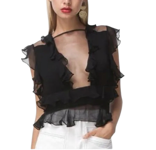 Shakuhachi Black Mesh Frill Top | Sz 10, Sheer Mesh Inserts, Stretch, Ruffles