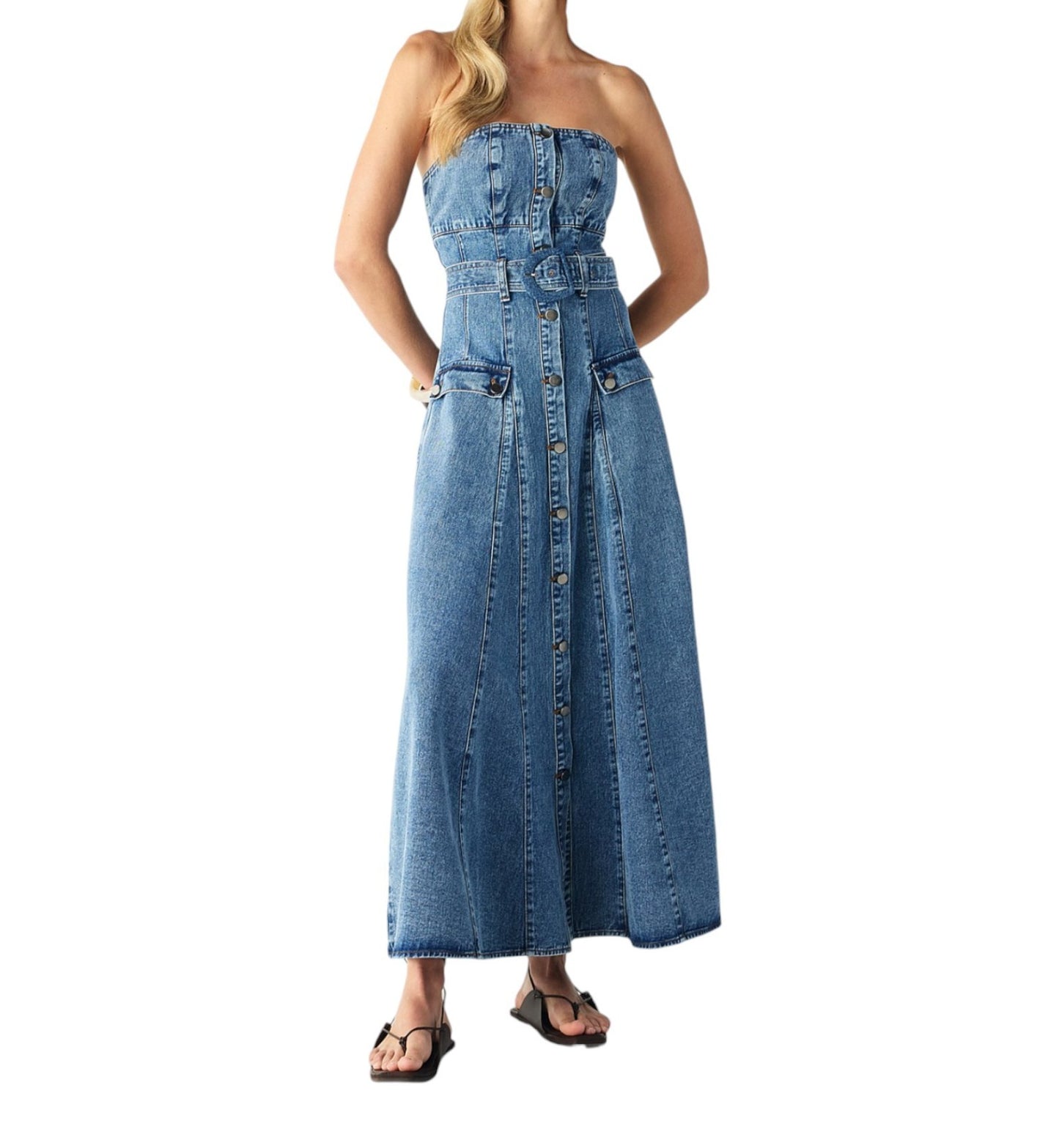 Mos The Label Aveline Denim Midi Dress | Strapless, Sz 8, Belt, Buttons