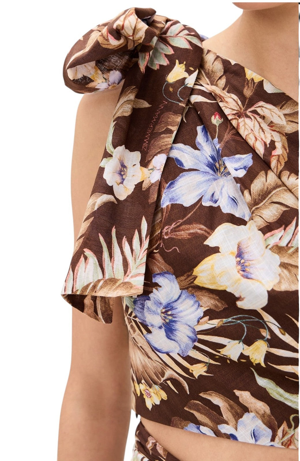Zimmermann Coco Cropped Bodice Top | Brown Choc Floral, Linen, One Shoulder, Bow