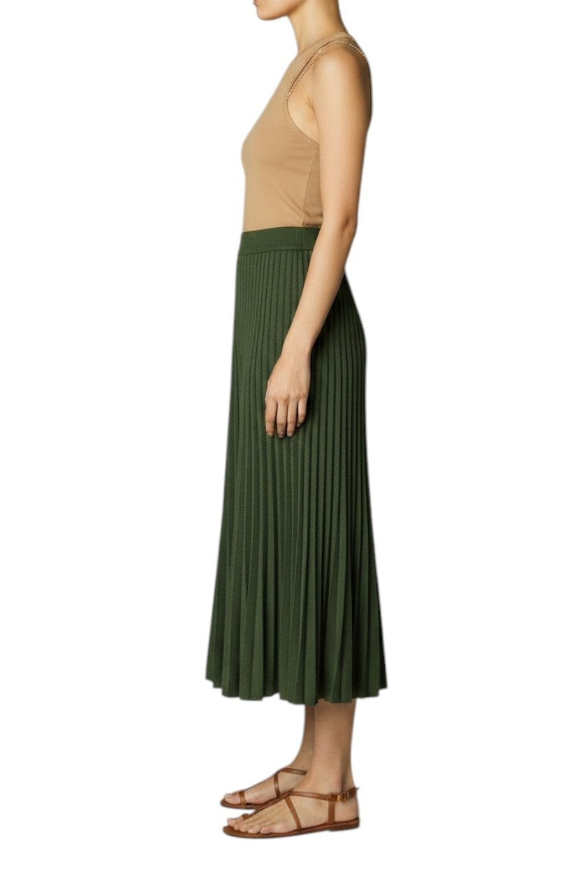 Zimmermann Pleated Rib Midi Skirt | Stretch, Knit, Dark Green, Elasticated Waist