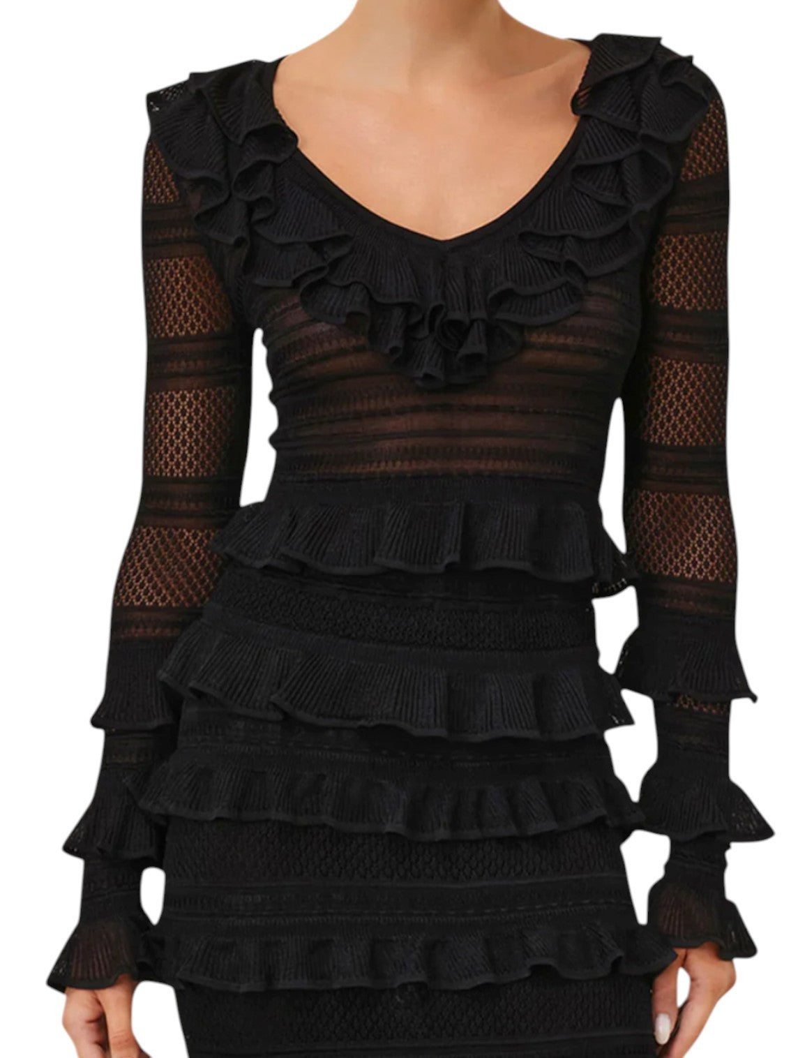 Zimmermann Crush Frilled V Neck Top |  Black, Long Sleeves, Sheer, Ruffles