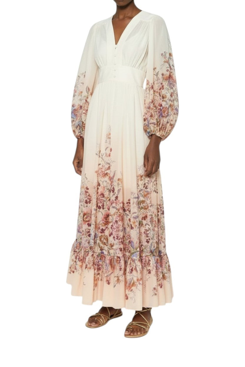 Zimmermann Awaken Plunge Maxi Dress | Ivory/White Floral, Puff Sleeves, Buttons