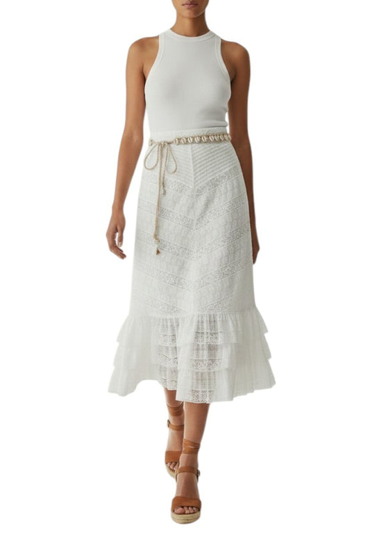 Zimmermann Veneto Perennial Lace Midi Skirt | White, Tiers, Belt, High Waist
