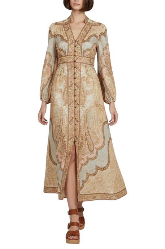 Zimmermann Wanderlust Plunge Midi Dress | Tapestry Print, Puff Sleeves, V Neck