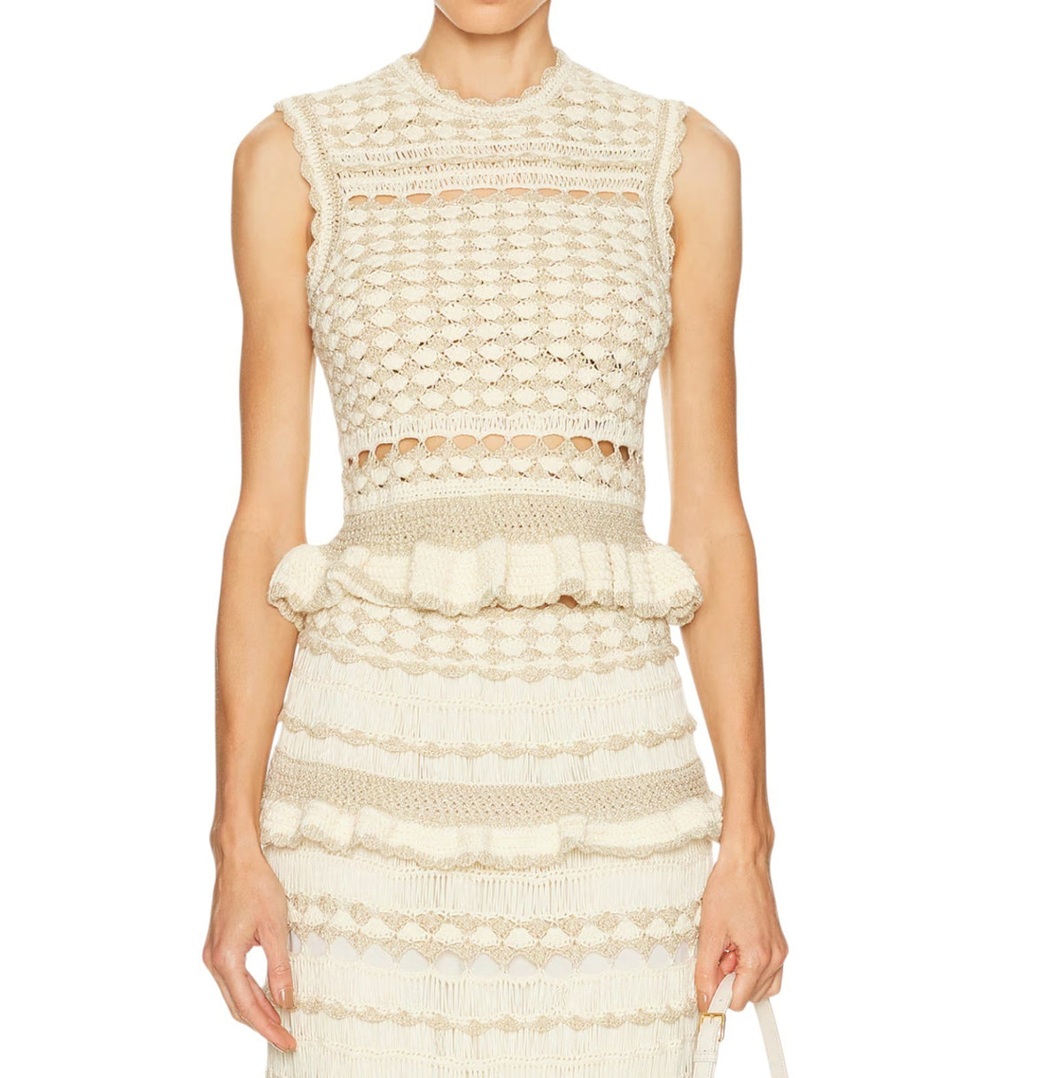Zimmermann Wanderlust Crochet Top | Metallic gold/beige/cream, Peplum, Knitted