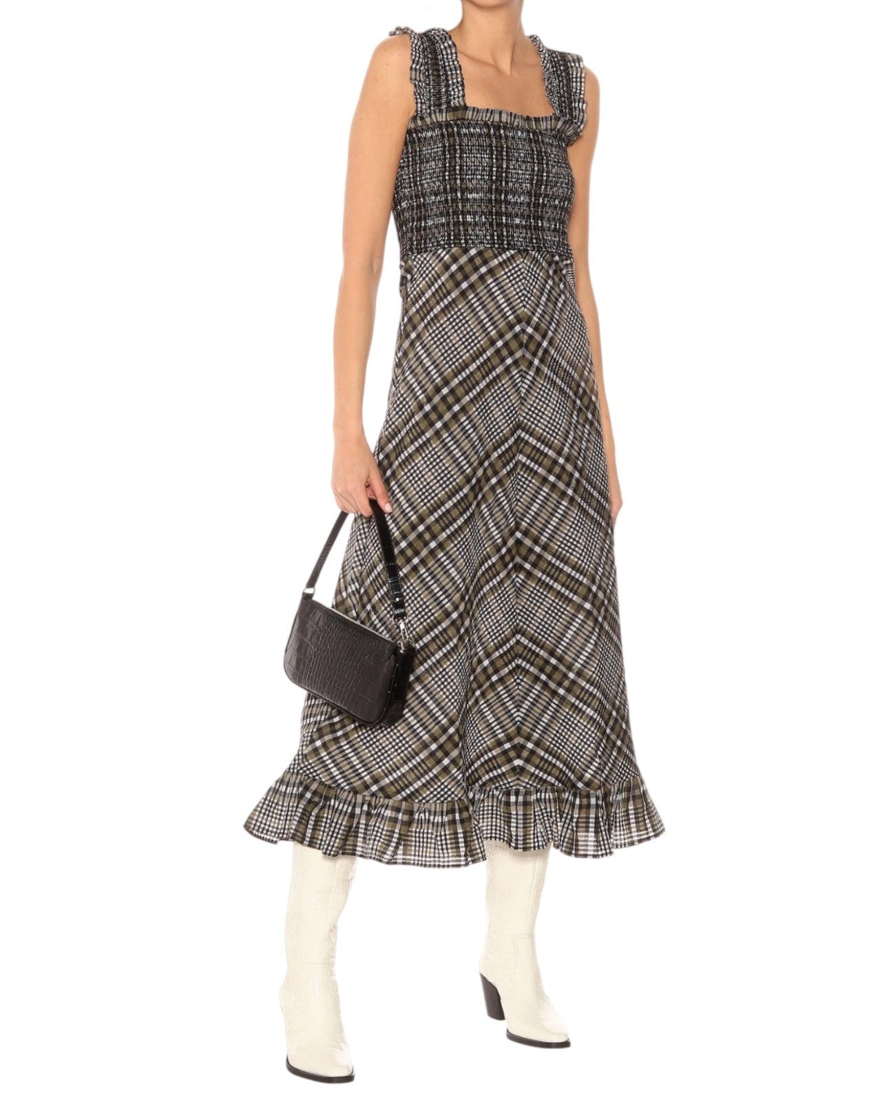 GANNI Seersucker Midi Dress | Sz 38, Gingham/Checkered, Wide Strap, Shirred