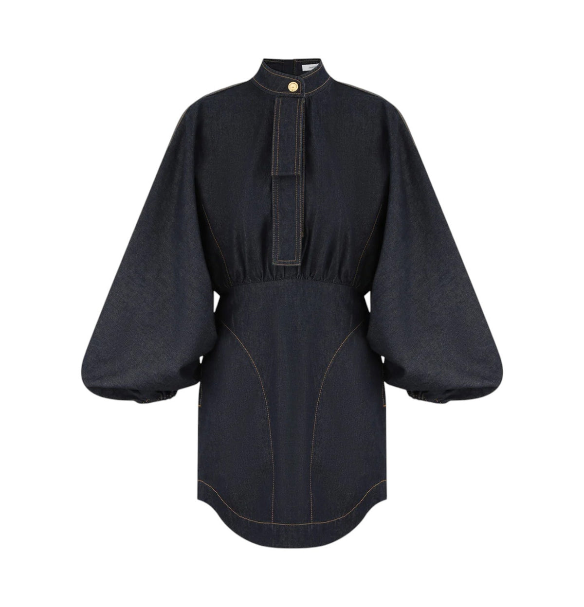 Zimmermann Denim Gathered Mini Dress| Dark Navy Blue, Puff Sleeves, Button Up