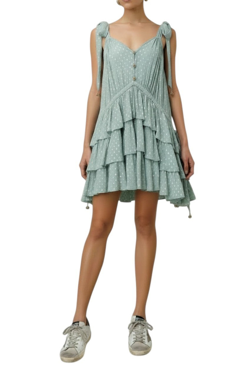 Zimmermann Rhiannon Metallic Frill Mini Dress| Mint,Relaxed, Tie Shoulder, Lurex