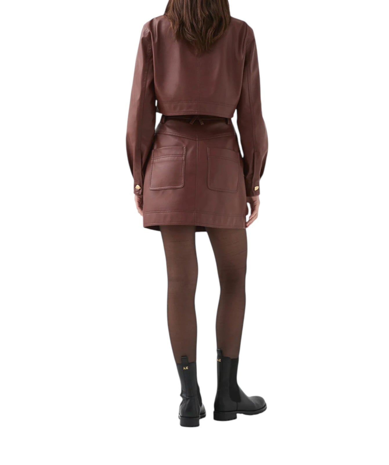 Aje. Sarina Mini Skirt | Sz 10, Vegan Leather, Toffee Brown/Tan, Gold Buttons